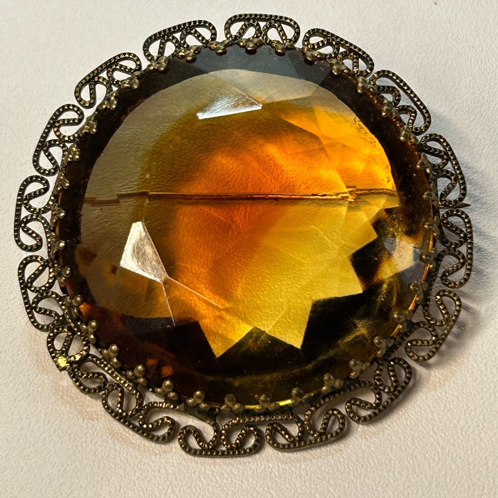 Vintage large faceted glass Stamped West Germany gold tone filigree brooch